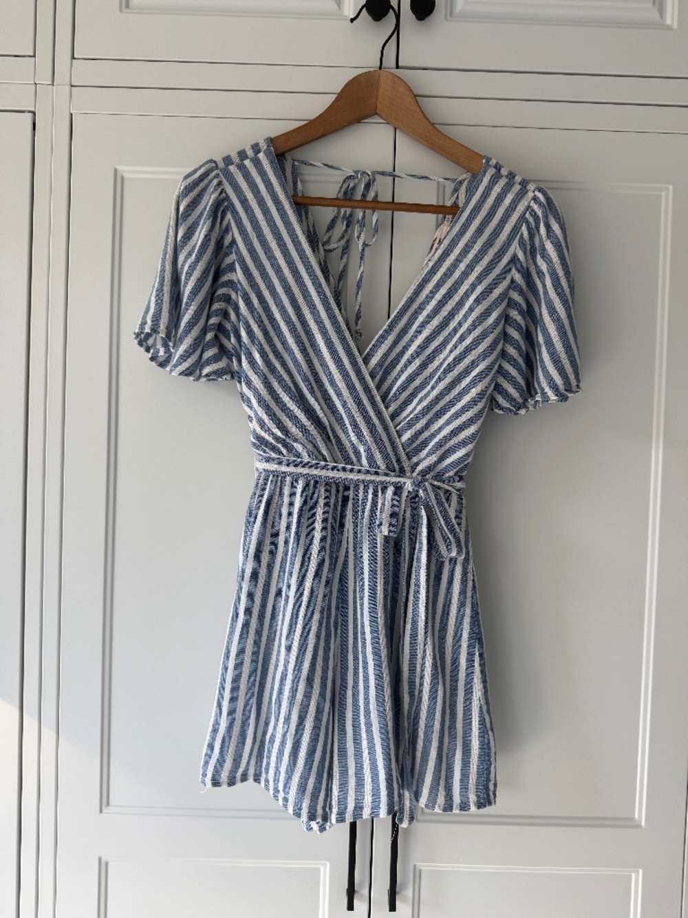Mi Ami Blue and White Stripe Romper with ruffle sleeves XXS